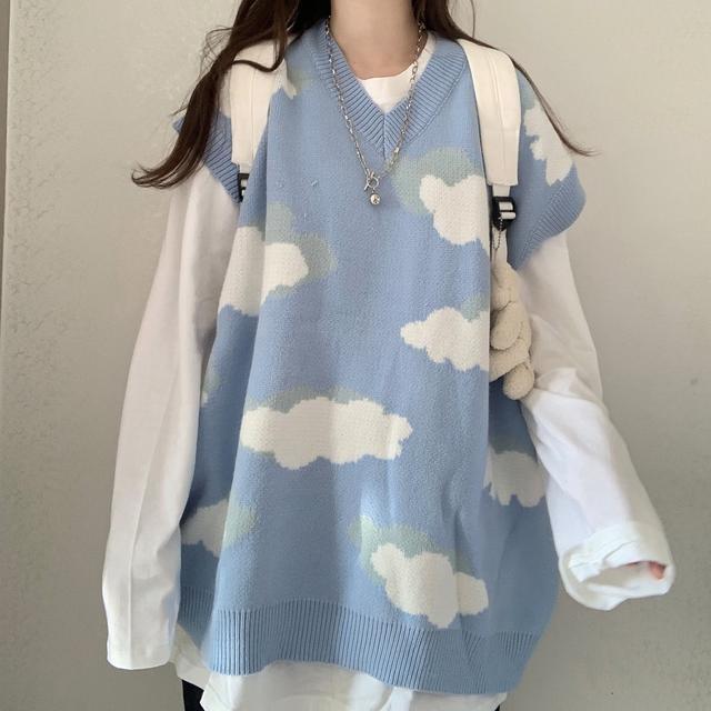 Two-piece suit/single piece of fresh girly Chic blue sky and white clouds knitted sweater vest with long-sleeved white T-shirt inside
