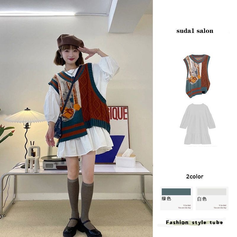 Two-piece suit/single-piece spring and autumn Korean version knitted vest vest with retro sweater women's top + dress
