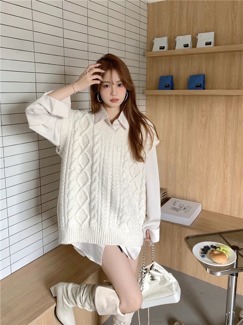 Two-piece suit/single-piece autumn Japanese loose all-match knitted vest layered v-neck vest women's matching shirt trend