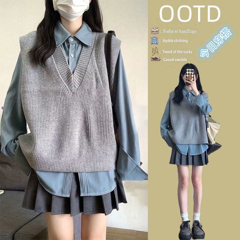 Three-piece suit autumn retro niche fashion knitted sweater layered vest collocation shirt women's pleated short skirt