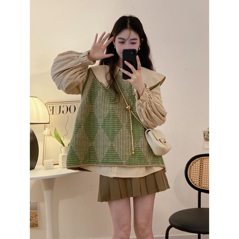 Three-piece suit/single-piece preppy shirt, diamond-shaped knitted vest, sweater, layered vest, women's pleated skirt, trendy