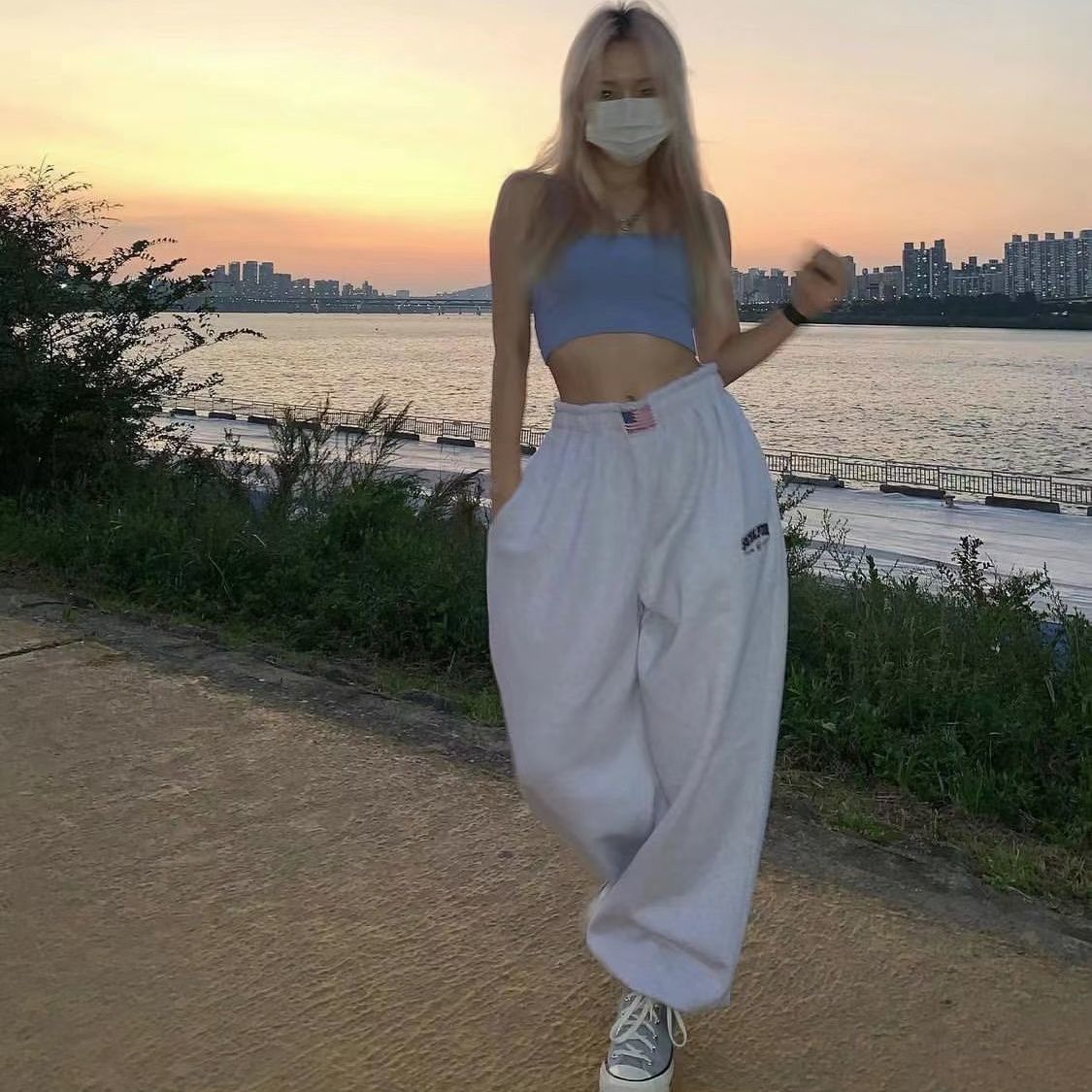 American retro light flower gray pants women's summer tide brand new loose wide-leg straight casual sports sweatpants