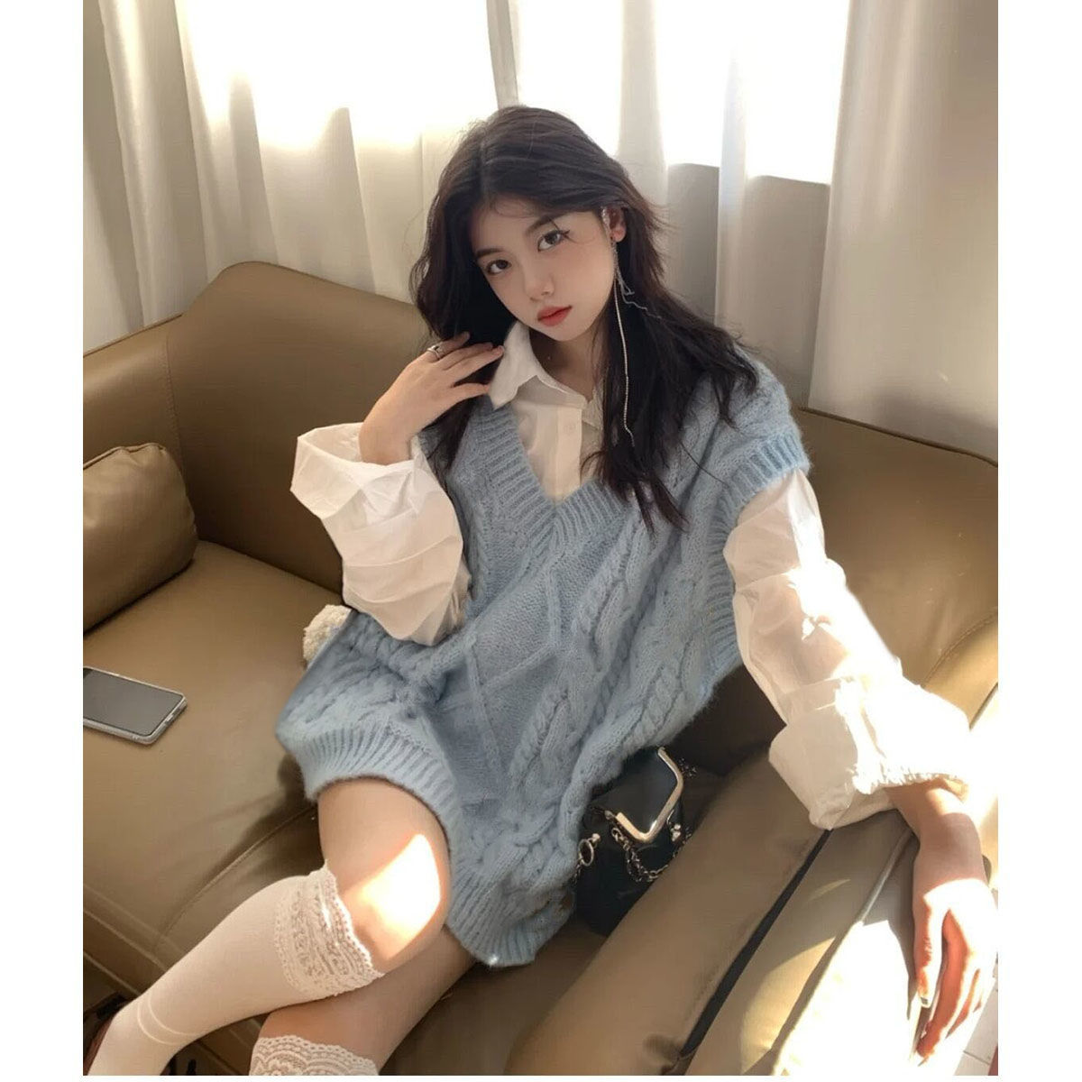 Two-piece suit/single-piece early spring college style knitted vest vest lazy wind cardigan sweater women's flower shirt