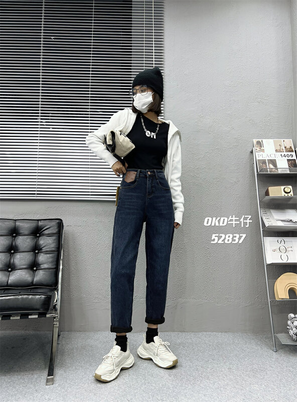 New in autumn! [OKD] Fashionable stretch leather card design slimming and versatile jeans 52837# GY