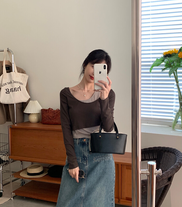 【Y.JIA Ijia】Design fake two-piece all-match color-shoulder long-sleeved T-shirt YS1-2312# FHX