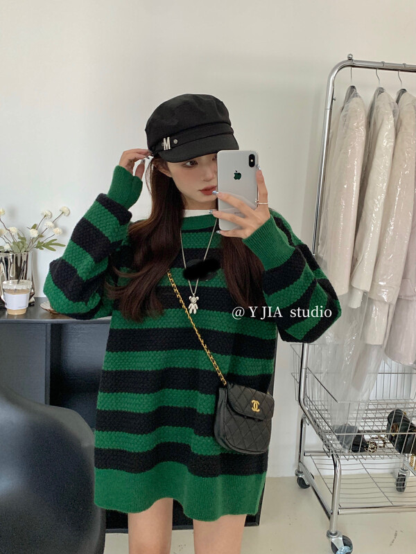 [Y.JIA] Temperament, casual, all-match, self-cultivation and lazy striped corn kernels knitted sweater 766