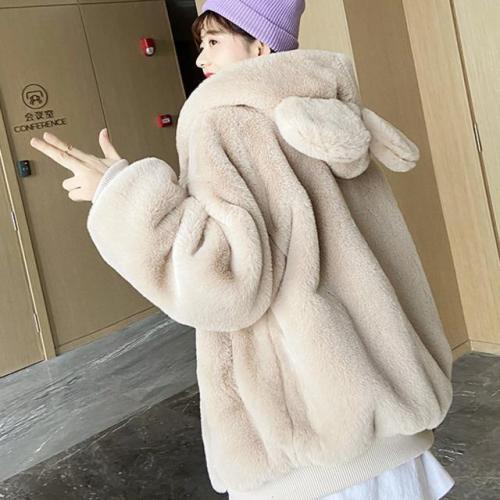 Warm fur coat women's autumn and winter new soft girl plush plus velvet bear ears hooded loose thin top