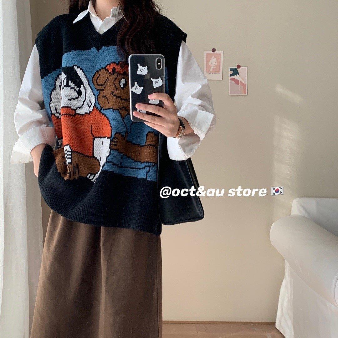 One-piece/suit spring and autumn V-neck knitted layered sweater loose vest vest student + long-sleeved shirt two-piece set