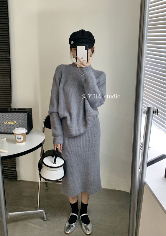 【Y.JIA Yijia】Simple casual lazy round neck sweater sexy temperament all-match sweater skirt suit 396# FHX