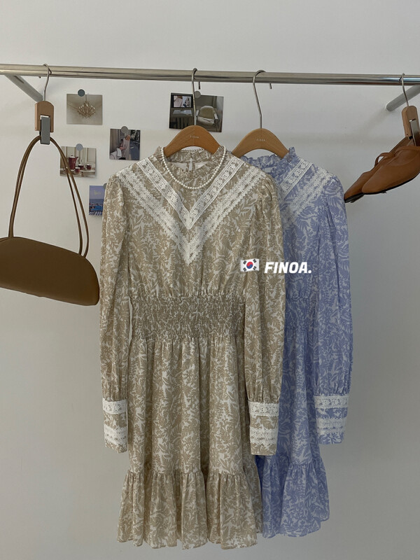【FINOA】Korean version of ladies fresh pattern pattern loose waist dress 1228# JHY