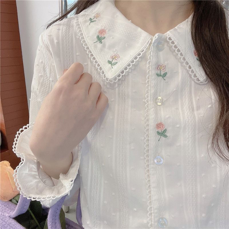 Autumn retro girl embroidery loose doll collar single wear inner long-sleeved shirt Japanese all-match small fresh top