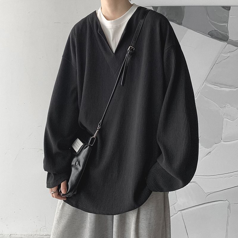 Draped long-sleeved men's sweater autumn 2022 new trend casual ins fake two-piece top Hong Kong style Japanese style