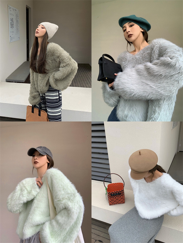 Real shot real price Retro gentle furry V-neck knitted sweater
