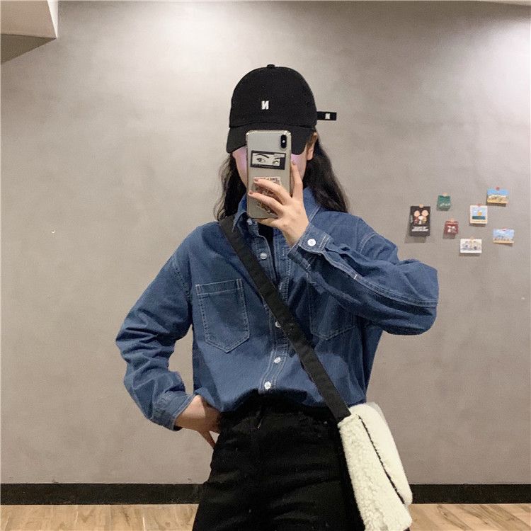 Denim shirts are loose and thin Korean women's denim shirts for girls students wear doll collar shirts inside