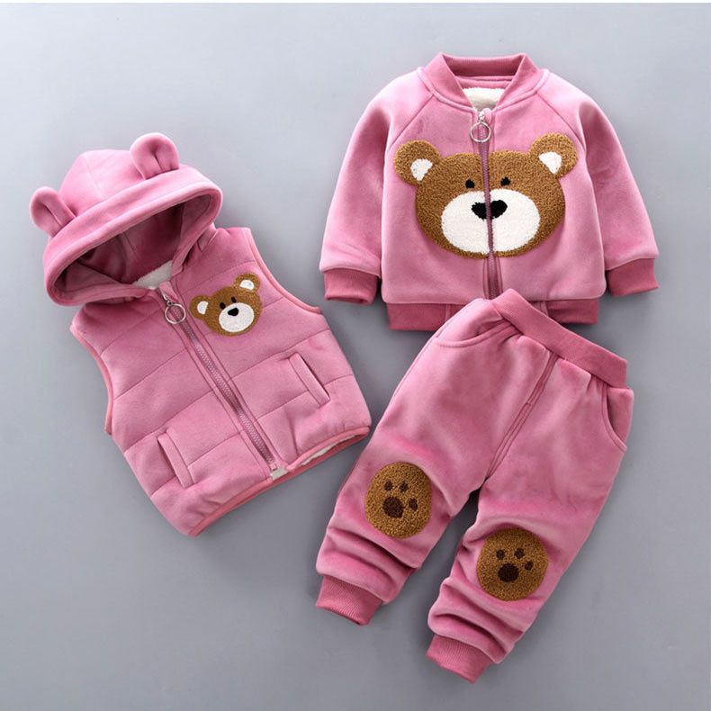 Children's clothing 2020 spring and autumn girls and boys new velvet fashion hooded three-piece suit 0-5 children's suit winter fashion trend