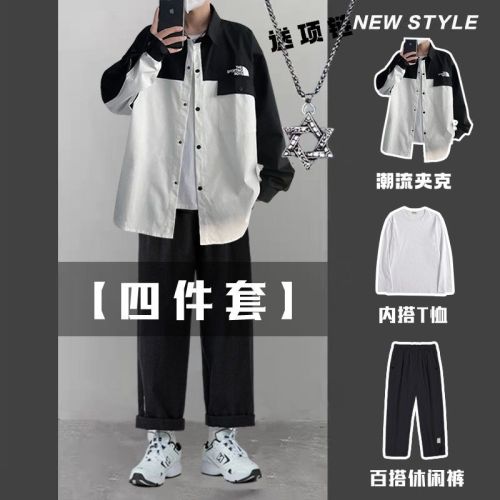 Retro Hong Kong style stitching trend shirt early autumn couple vintage tide brand loose ruffian handsome work trousers suit