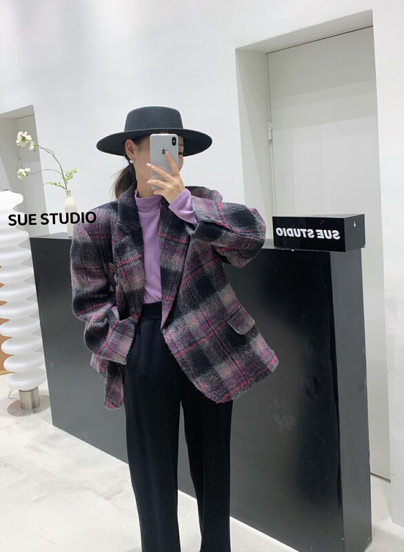 【SUE STUDIO】 Cotton and thickened purple plaid short jacket with rear slit 98081# ZJY