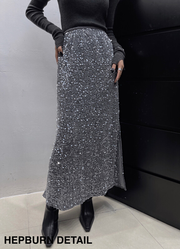 [HEPBURN Hepburn] Premium sequined skirt high waist side slit 5178HMF