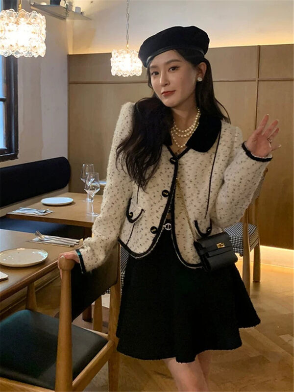 【LINNA】Vintage Contrast Color Versatile Small Fragrance Short Jacket 124823# JJ