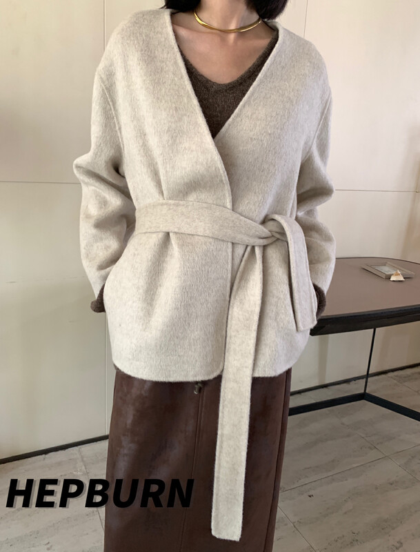 【HEPBURN】Neckless Belt Double Sided Cashmere Wool Jacket (With Belt) (Loose) YS1-H003# FHX