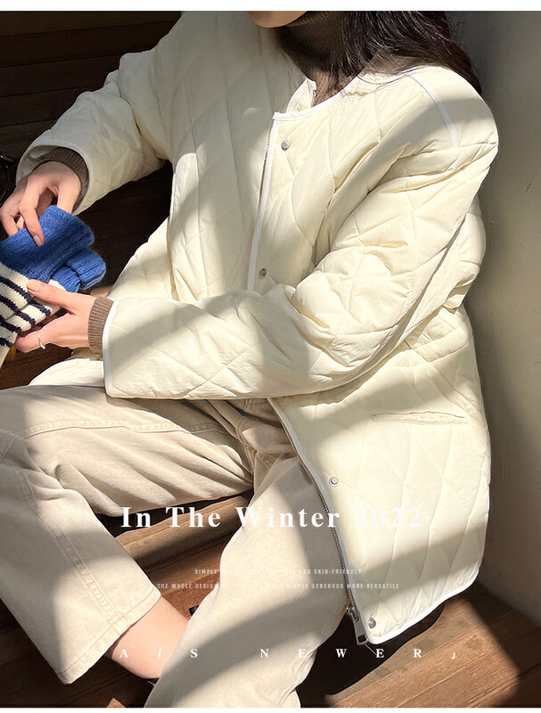 【THE MIND】Round-neck color-blocking rhombus mid-length cotton coat 61267