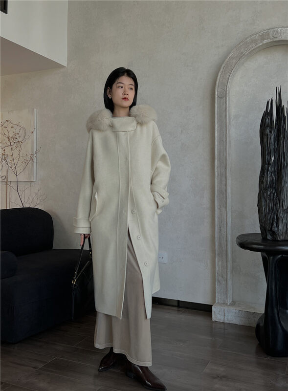 【SOUL】Korean temperament and fashionable long coat wool coat (with detachable hat) (80% wool, 10% rabbit down, 10% silkworm) 2808# CLS