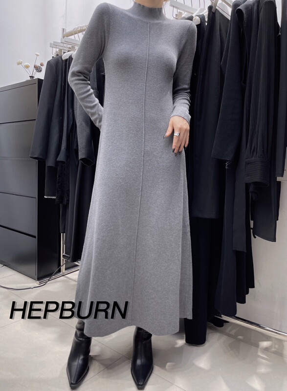 【HEPBURN Hepburn】Front Midline Long Sleeve A Swing Knit Dress (Temperament Versatile) A26# FHX