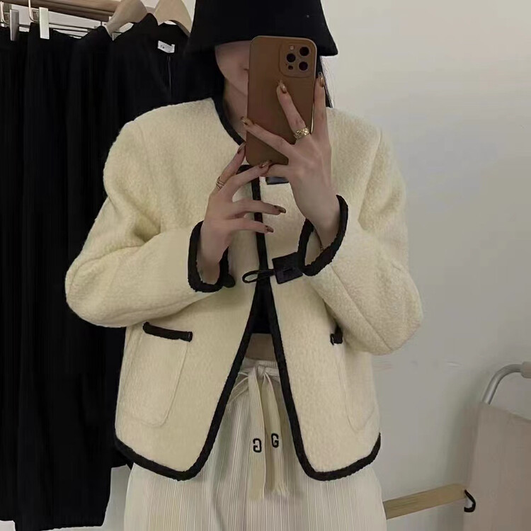 New in winter! [MK] round neck contrast color single-breasted short coat YS1-3659# HJY