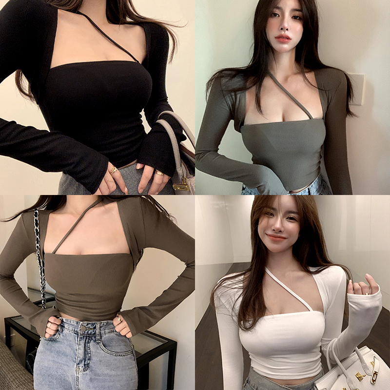 Real shot ~ real price halter neck slanted shoulder tube top short shawl fake two sexy hot girls show thin long-sleeved t-shirt women