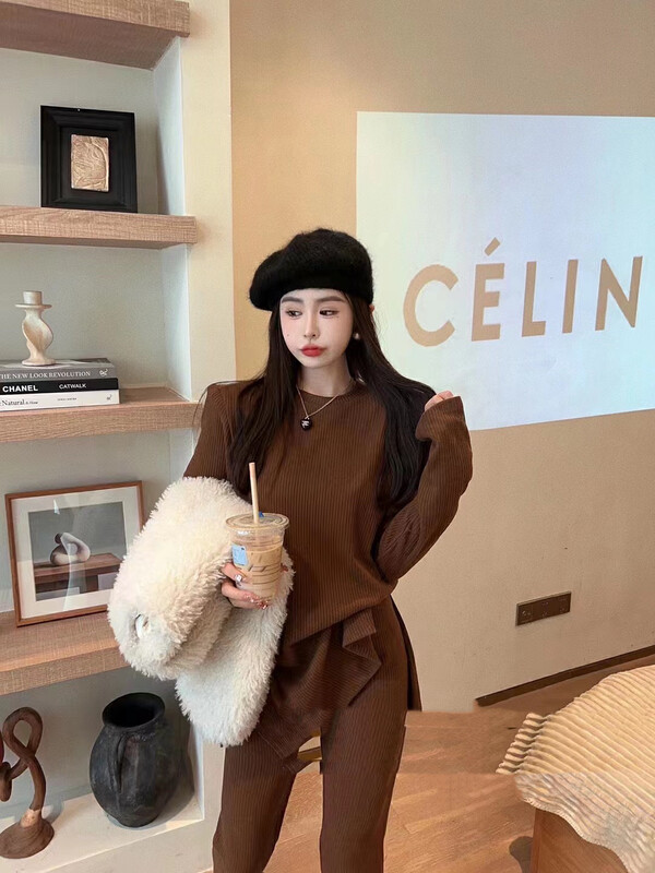 【MI NI】Shoulder Pad Round Neck Top + Slim Fashion Pants Set 9467# PCZ