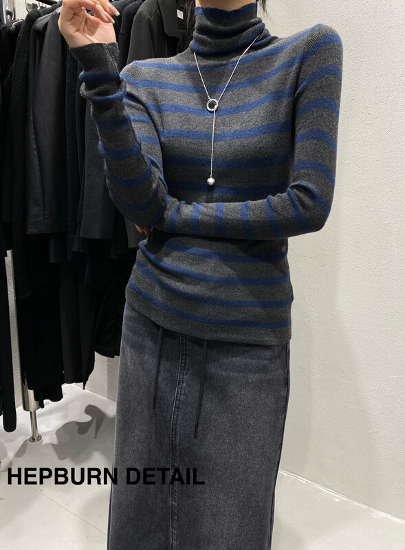 【HEPBURN】Striped turtleneck bottoming sweater (slim fit and slim) M02# FHX