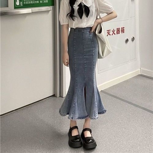 Small High Waist Denim Skirt New Split Ruffled Stretch Tight Hip Skirt Mid Length Fishtail Skirt