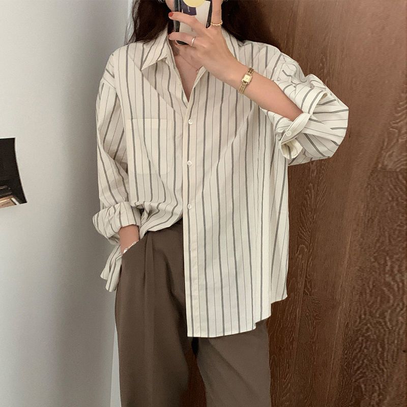 Layered vertical striped shirt women's 2022 spring and autumn women's clothing design niche long-sleeved top loose cotton shirt