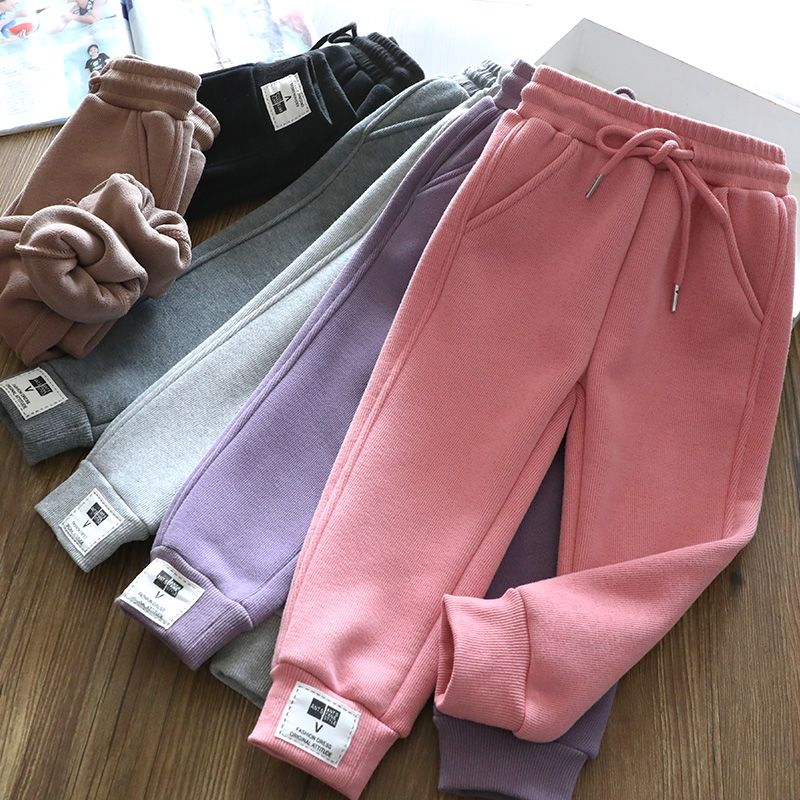 Girls autumn and winter fleece pants little girls thin outer wear trousers children's autumn casual sports pants children's clothing