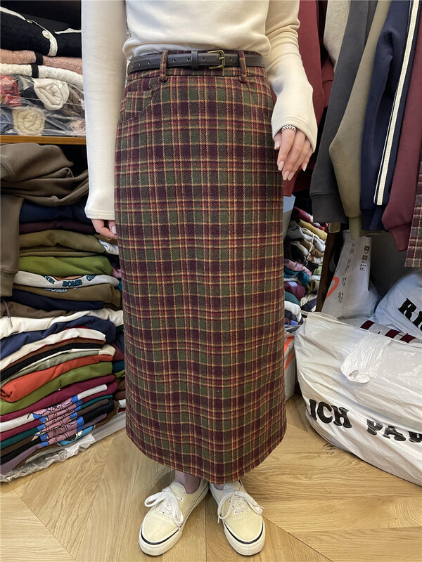 New in autumn! [RICH PAPA] Retro plaid mid-length slit skirt (with belt) Q103# ZXX