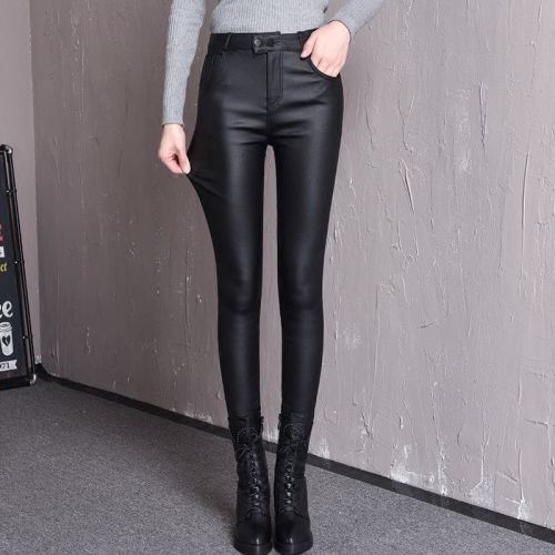 [Fleece and no velvet] Two-button classic trendy matte PU imitation leather pants high waist slimming leggings