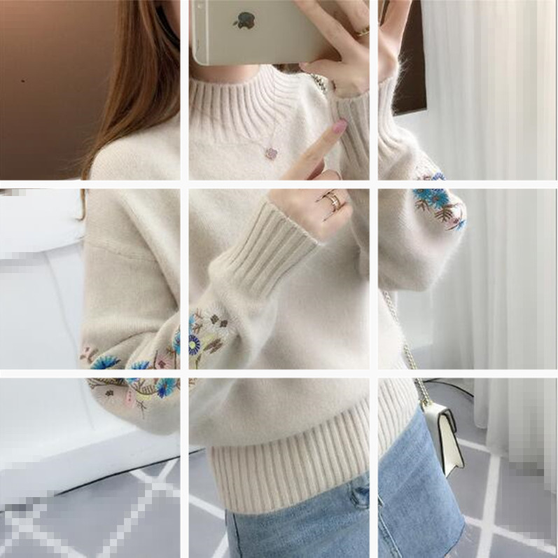 Round neck pullover embroidered sweater women's Korean style autumn new sleeve embroidered long sleeves loose sweater