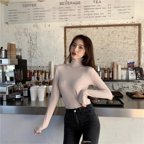 Real shooting real price Korean style autumn temperament all-match threaded cotton pile collar simple elastic self-cultivation good to wear bottoming shirt T-shirt