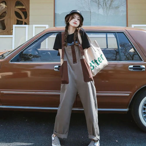 Color matching overalls women's summer and autumn 2022 new small fashion tooling suspenders straight loose one-piece pants