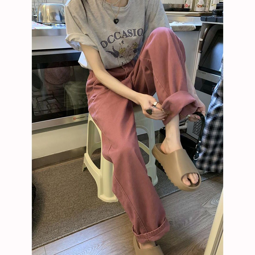 Rose Pink Jeans Women's 2022 New Net Red Popular Loose Version High Waist Thin Versatile Straight Daddy Pants