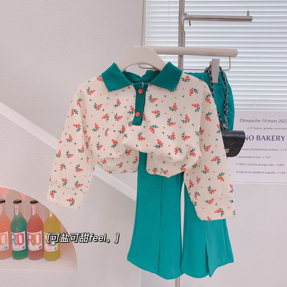 2022 spring new girls retro lapel floral waffle sweater casual split flared two-piece suit