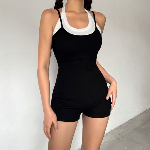 European and American contrast color fake two-piece strappy jumpsuit women's slim and slim dancing hot girl suspender top