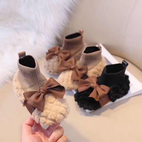 Korean version of the flying knitted socks overshoes warm inner fur shoes boys and girls new 2022 cotton shoes soft bottom baby shoes students