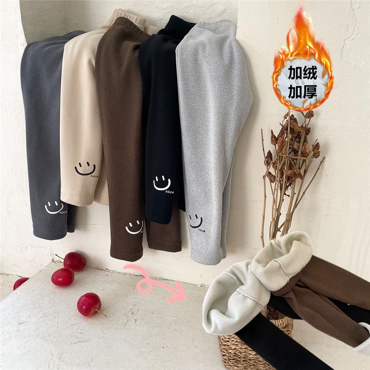 Autumn and winter new ins girls leggings smiley face pants foreign style baby children's elastic plus velvet trousers for outer wear
