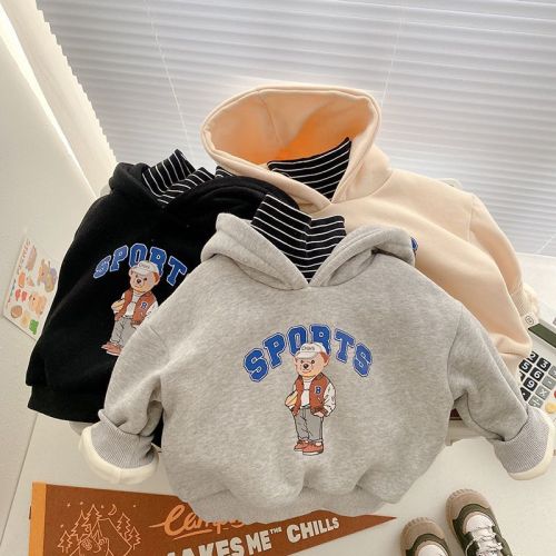 Children's fake two-piece hooded sweater 2022 winter plus velvet Korean version boys and girls tops middle and small children's baby pullovers