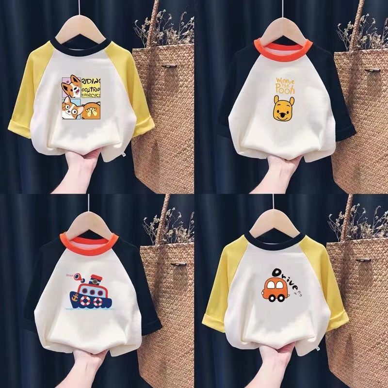 Boys and girls t-shirts long-sleeved cotton spring and autumn new Korean version loose stitching hit color tops children's bottoming shirt tide