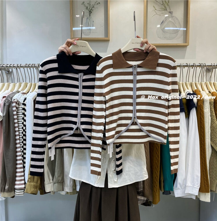 New in winter!【MAX ORIGINAL】Striped contrast color double-head zipper knitted cardigan 98927# HBX