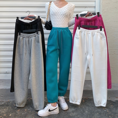 Real shot autumn and winter new Hong Kong style high waist drawstring loose and thin beam feet plus velvet sports casual sweatpants harem pants tide