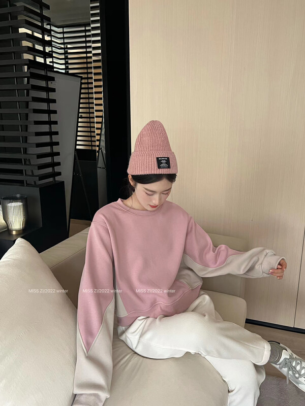 [MISS ZI] Korean version of the color-blocking short sweater thickened composite fabric super soft 3529-1