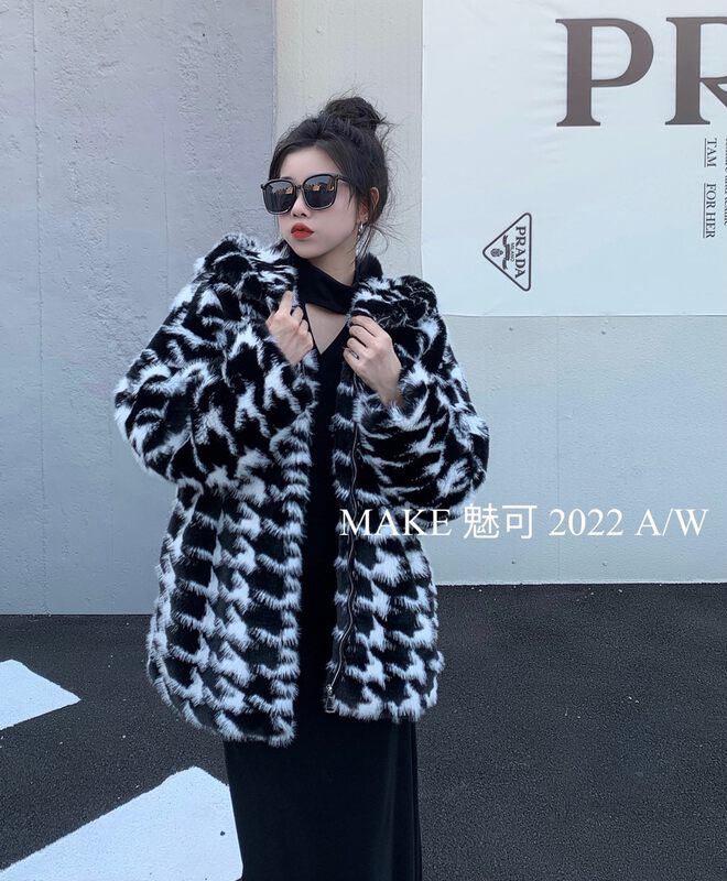 【MAKE】Advanced Atmospheric Houndstooth Plush Hooded Zipper Short Jacket 50328# OZQ